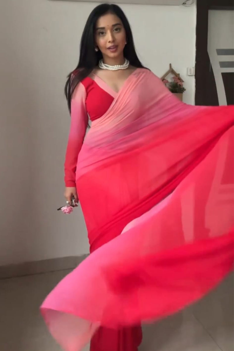 Allure 1-Minute Ready To Wear Red and Baby Pink Georgette Saree - thelotusfab