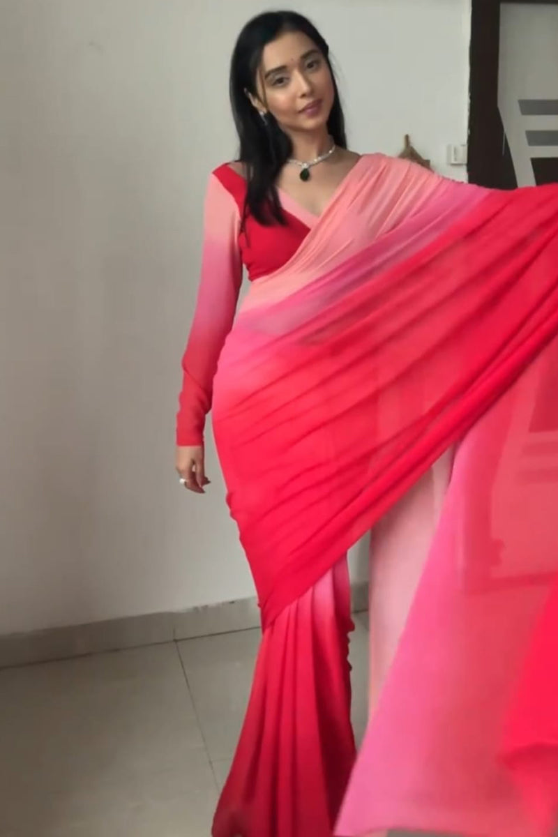 Allure 1-Minute Ready To Wear Red and Baby Pink Georgette Saree - thelotusfab