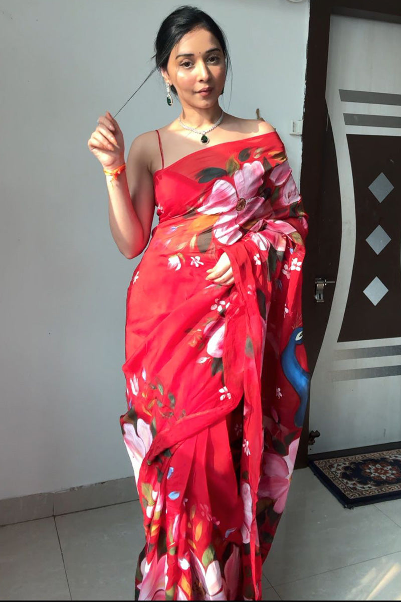 Seraglio 1-Minute Ready To Wear Red Organza Silk Saree - thelotusfab