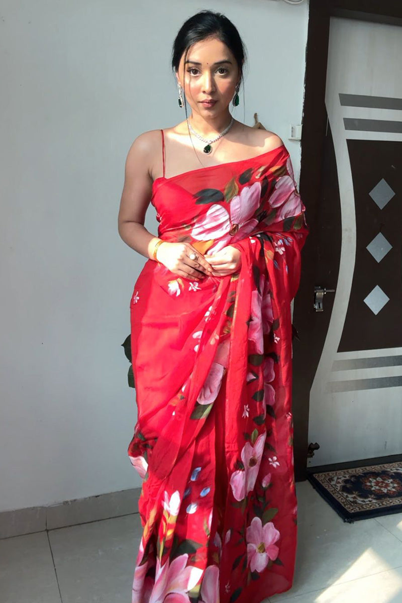 Seraglio 1-Minute Ready To Wear Red Organza Silk Saree - thelotusfab