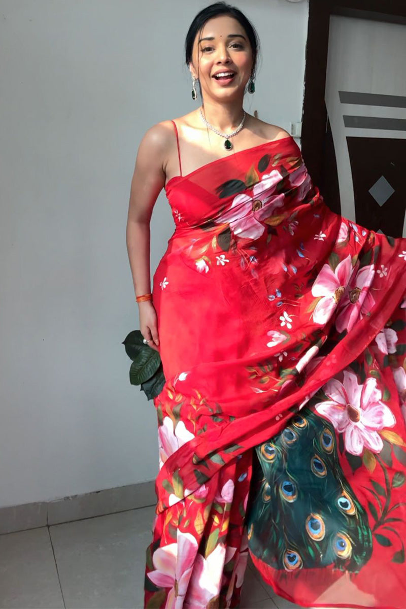 Seraglio 1-Minute Ready To Wear Red Organza Silk Saree - thelotusfab