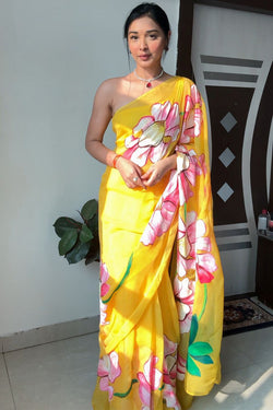 Evanescent 1-Minute Ready To Wear Yellow Organza Silk Saree
