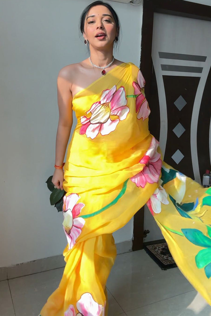 Evanescent 1-Minute Ready To Wear Yellow Organza Silk Saree - thelotusfab