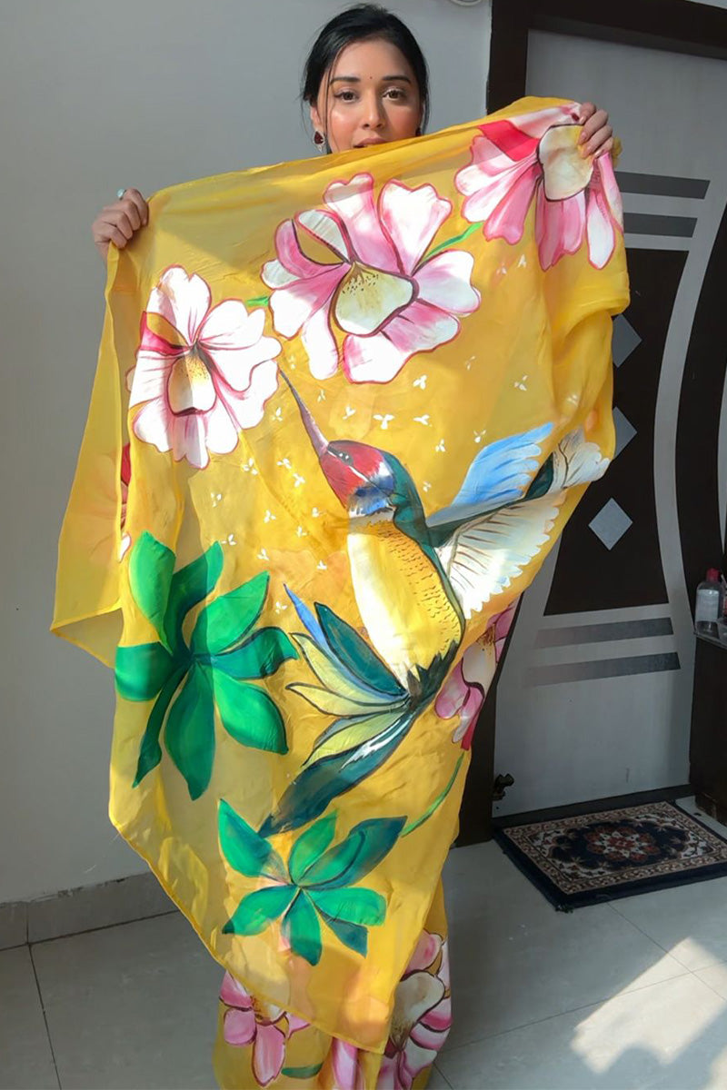 Evanescent 1-Minute Ready To Wear Yellow Organza Silk Saree - thelotusfab