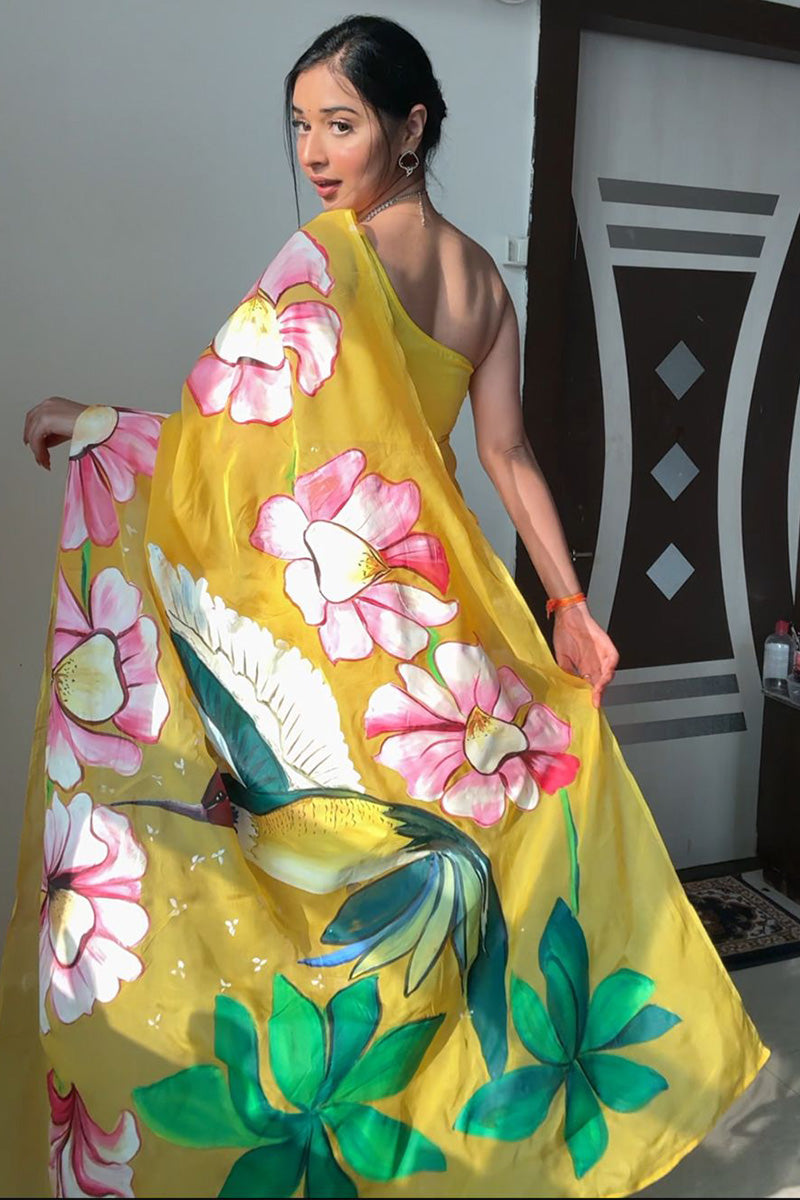 Evanescent 1-Minute Ready To Wear Yellow Organza Silk Saree - thelotusfab