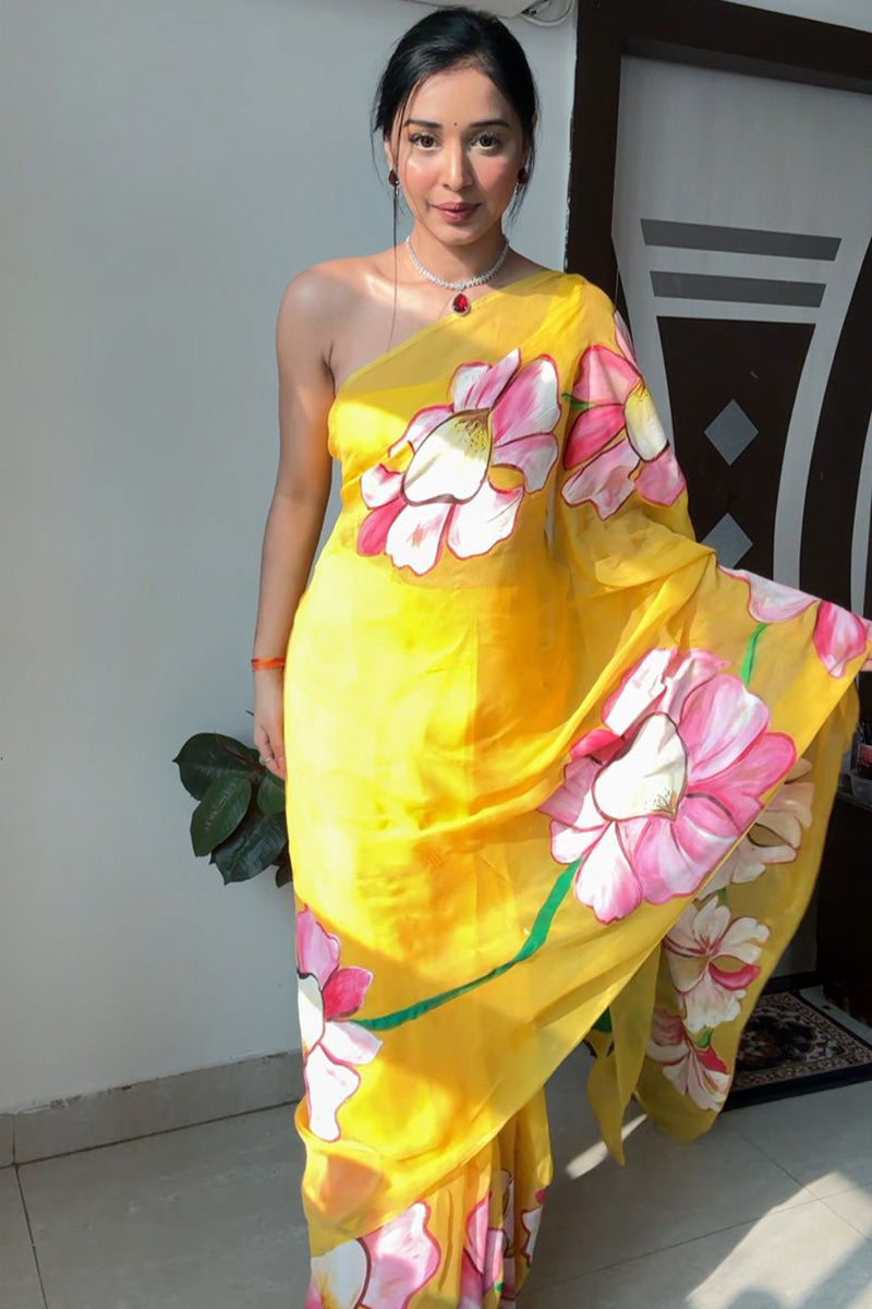 Evanescent 1-Minute Ready To Wear Yellow Organza Silk Saree - thelotusfab