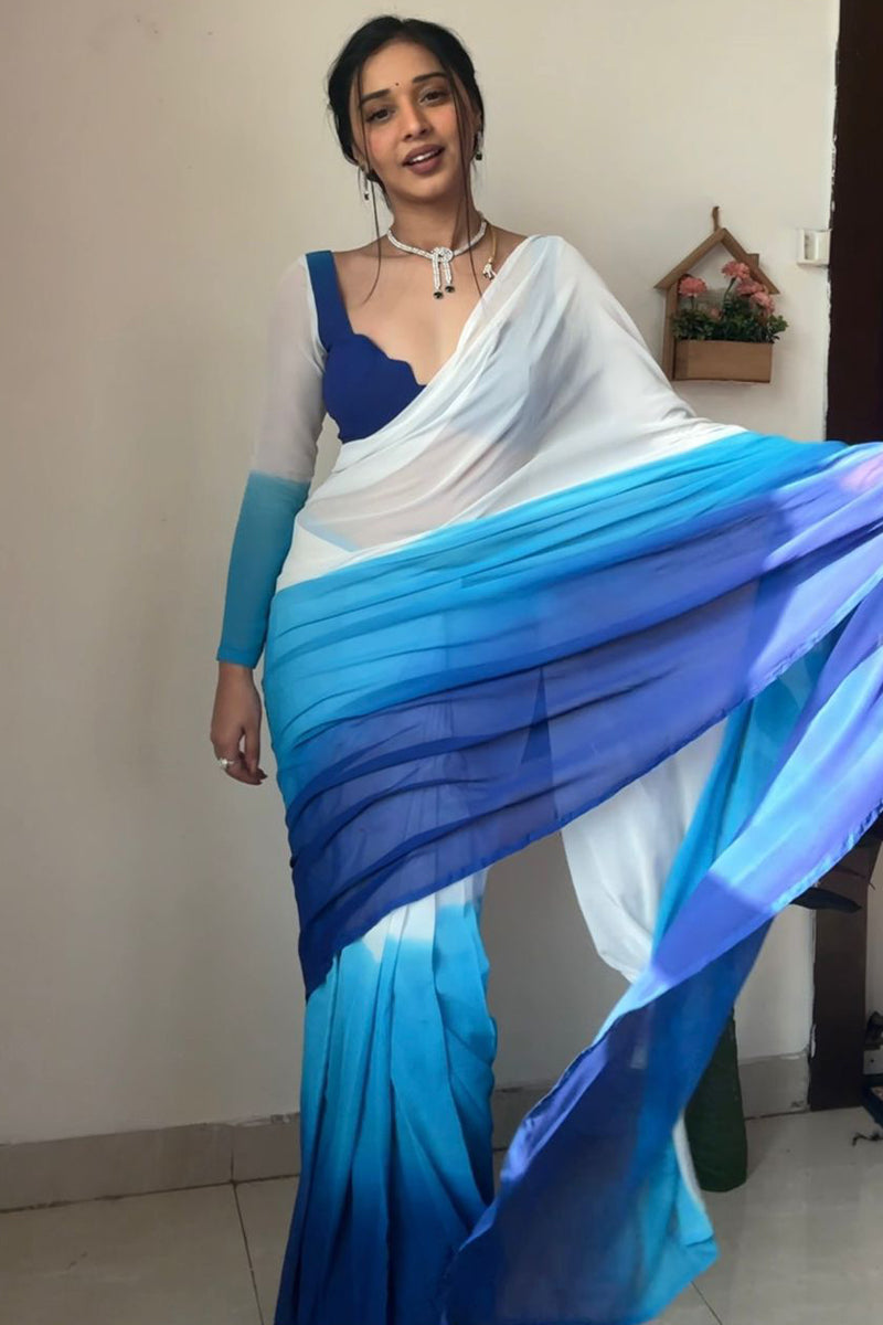 Vibrant 1-Minute Ready To Wear Firozi and Blue Georgette Saree - thelotusfab