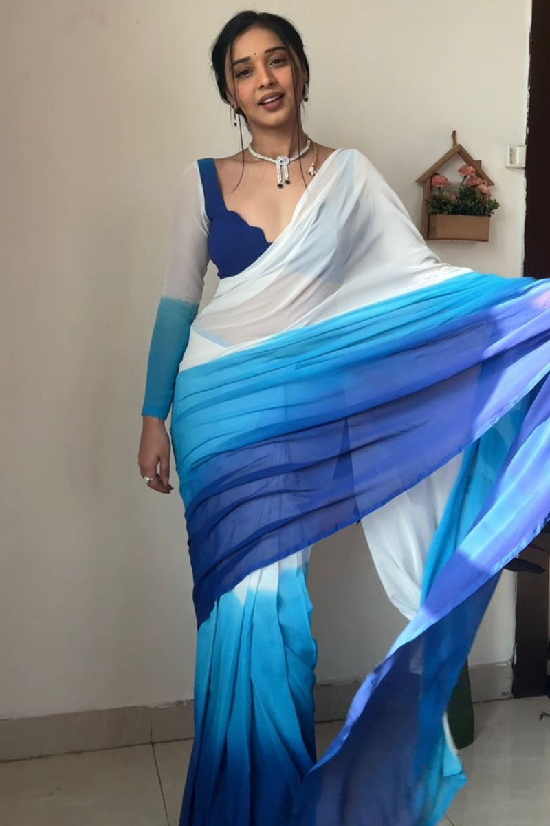 Vibrant 1-Minute Ready To Wear Firozi and Blue Georgette Saree - thelotusfab