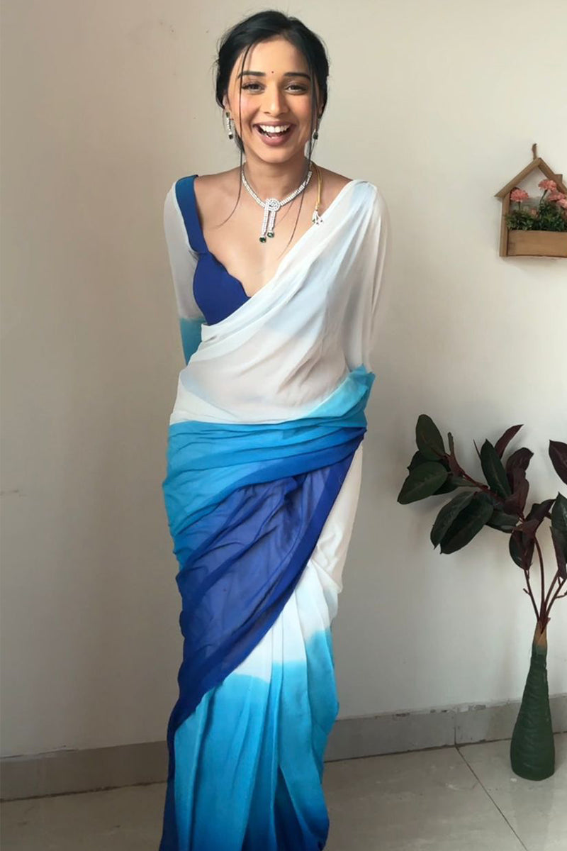 Vibrant 1-Minute Ready To Wear Firozi and Blue Georgette Saree - thelotusfab