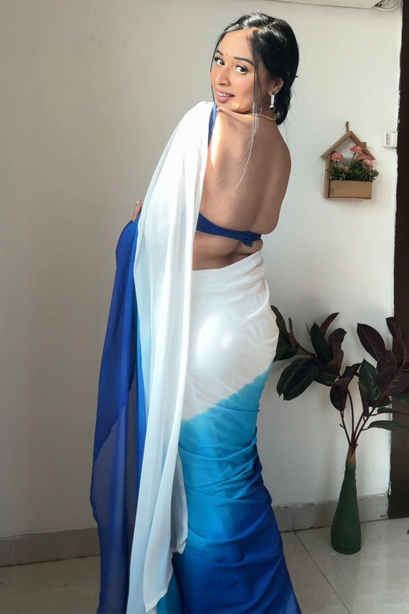 Vibrant 1-Minute Ready To Wear Firozi and Blue Georgette Saree - thelotusfab