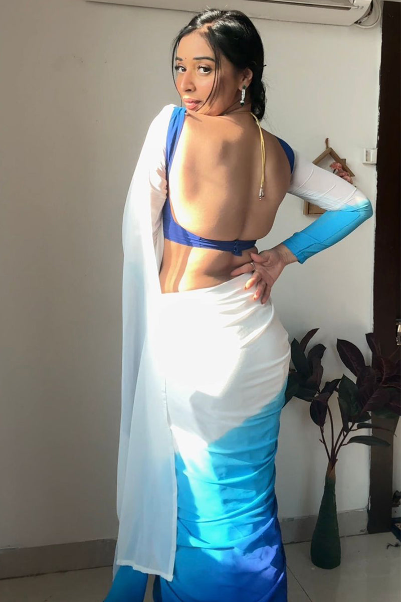 Vibrant 1-Minute Ready To Wear Firozi and Blue Georgette Saree - thelotusfab