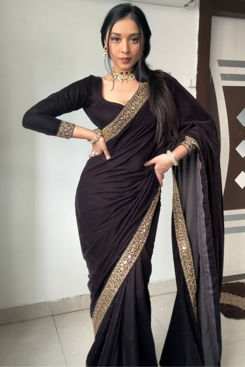 Supernal Black 1 Minute Ready To Wear Velvet Saree With Blouse Piece - thelotusfab