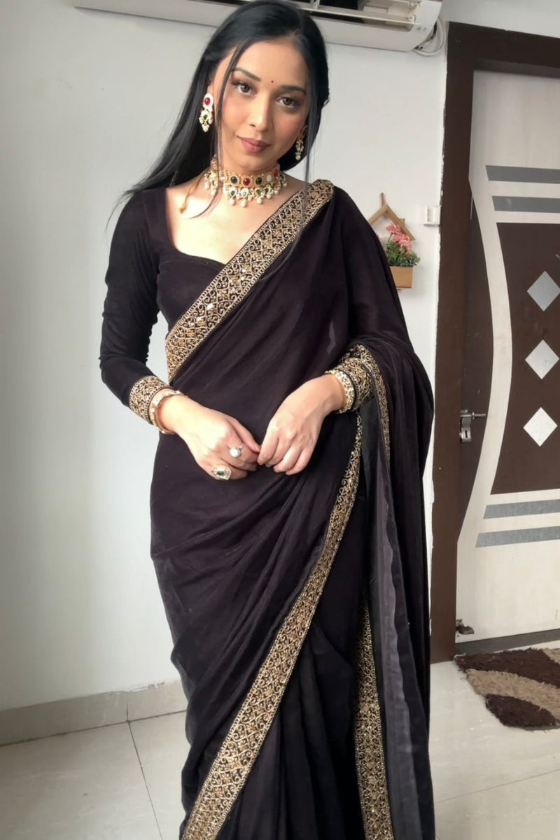 Supernal Black 1 Minute Ready To Wear Velvet Saree With Blouse Piece - thelotusfab