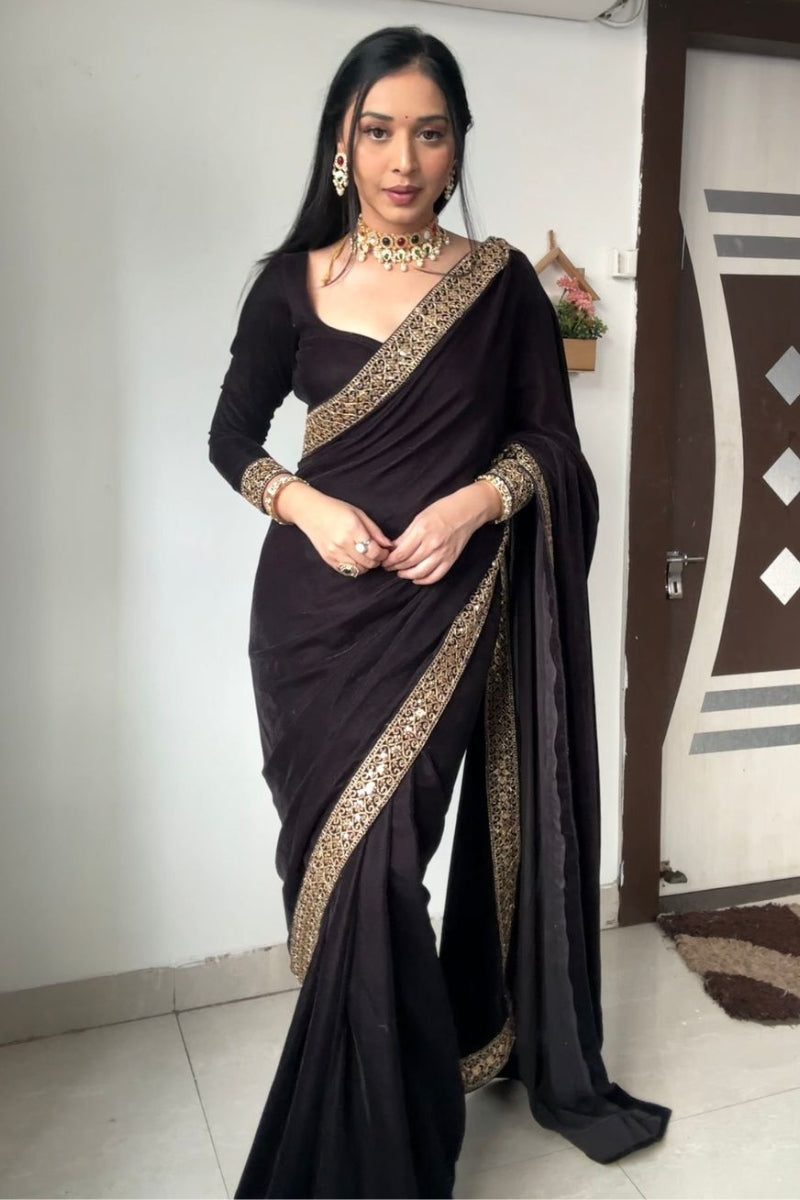 Supernal Black 1 Minute Ready To Wear Velvet Saree With Blouse Piece - thelotusfab