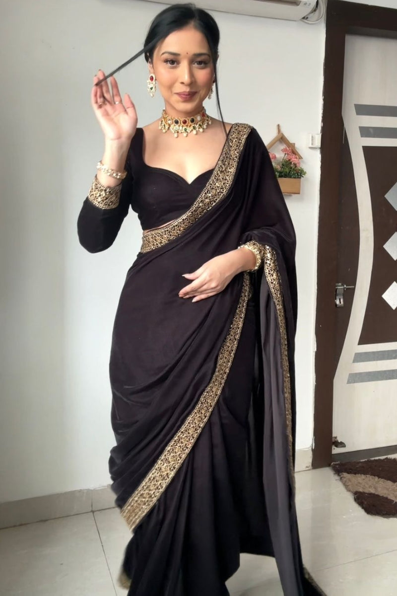 Supernal Black 1 Minute Ready To Wear Velvet Saree With Blouse Piece - thelotusfab