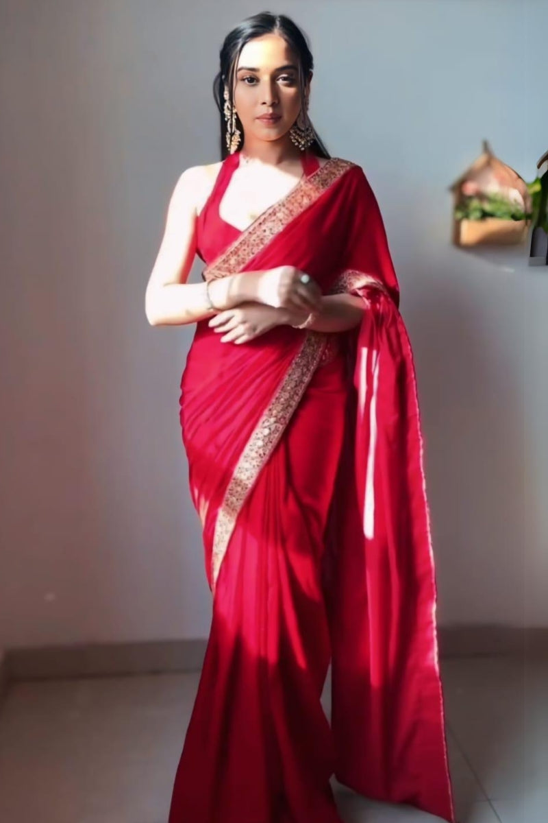 Winsome Red 1 Minute Ready To Wear Velvet Saree With Blouse Piece - thelotusfab