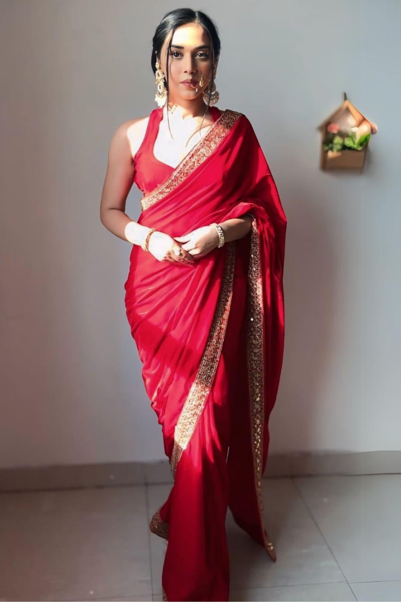 Winsome Red 1 Minute Ready To Wear Velvet Saree With Blouse Piece - thelotusfab