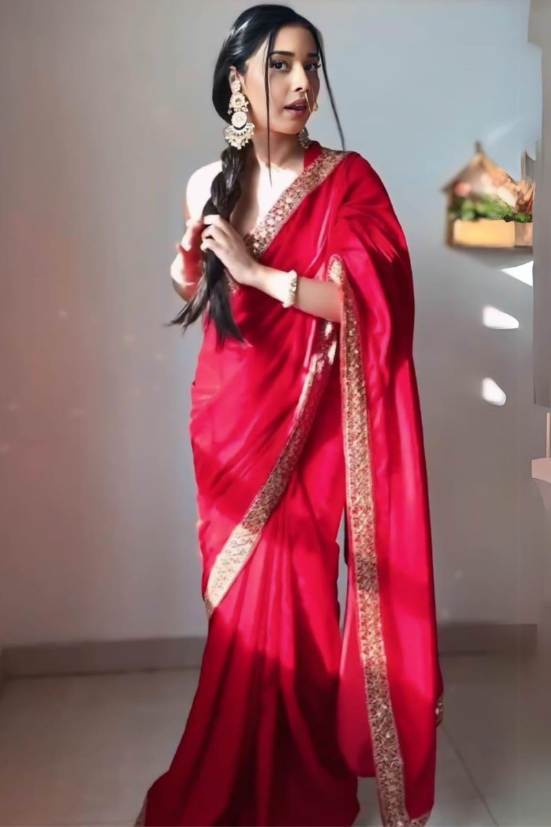 Winsome Red 1 Minute Ready To Wear Velvet Saree With Blouse Piece - thelotusfab