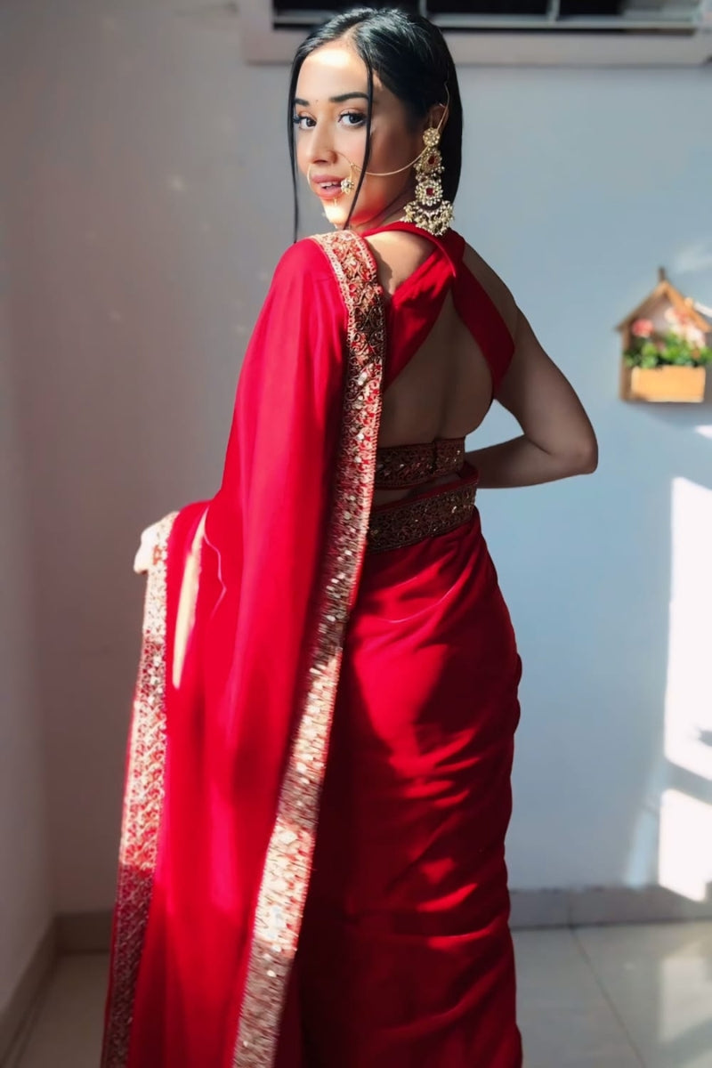 Winsome Red 1 Minute Ready To Wear Velvet Saree With Blouse Piece - thelotusfab