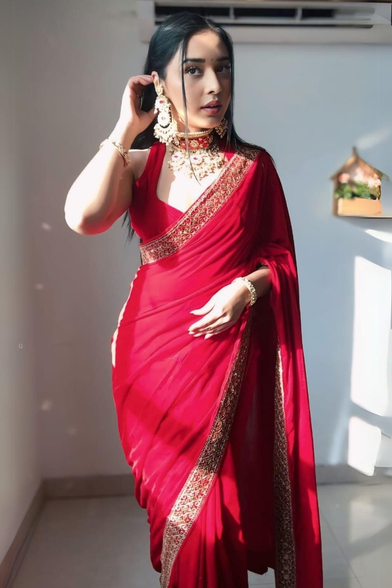 Winsome Red 1 Minute Ready To Wear Velvet Saree With Blouse Piece - thelotusfab