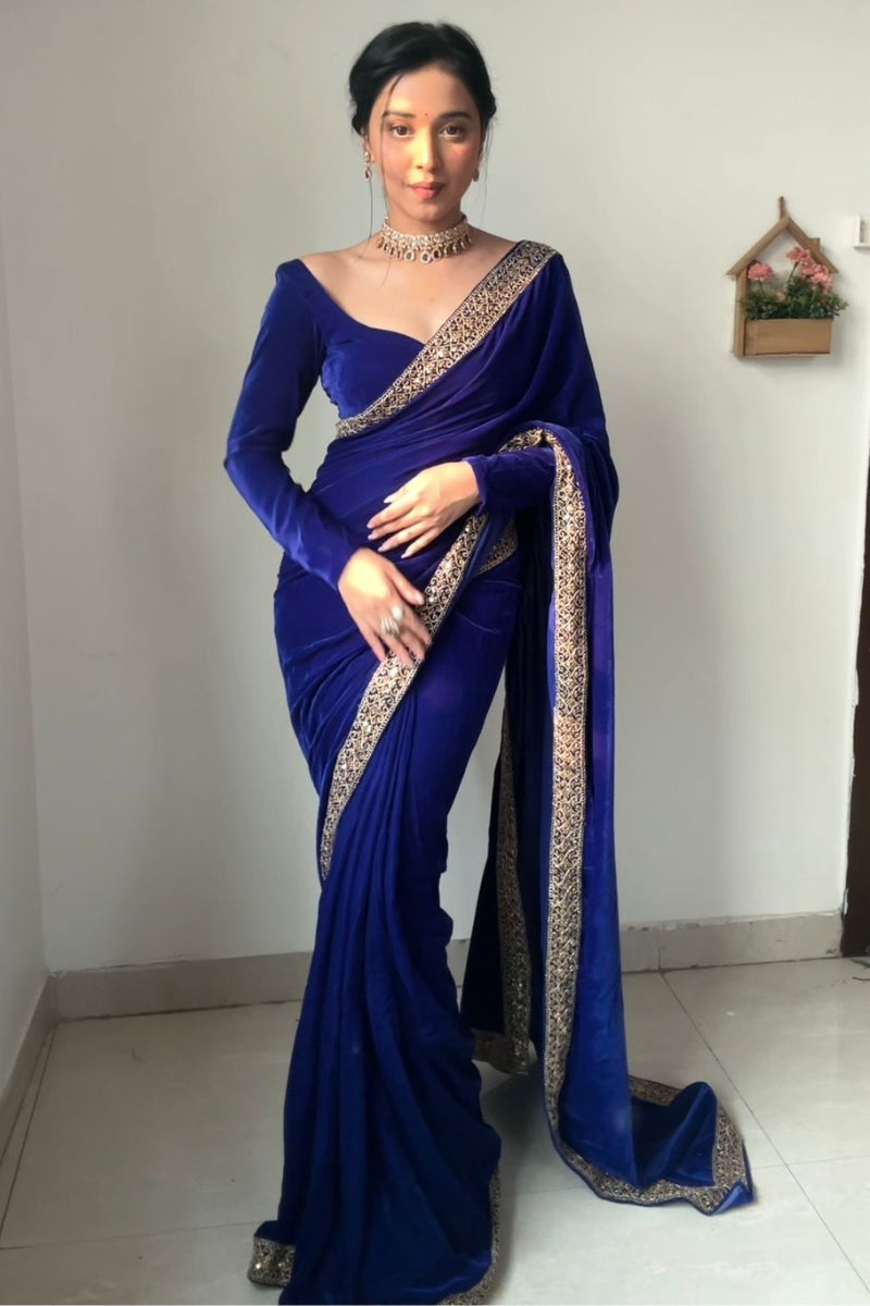 Whimsical Royal Blue 1 Minute Ready To Wear Velvet Saree With Blouse Piece - thelotusfab