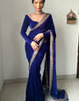 Whimsical Royal Blue 1 Minute Ready To Wear Velvet Saree With Blouse Piece