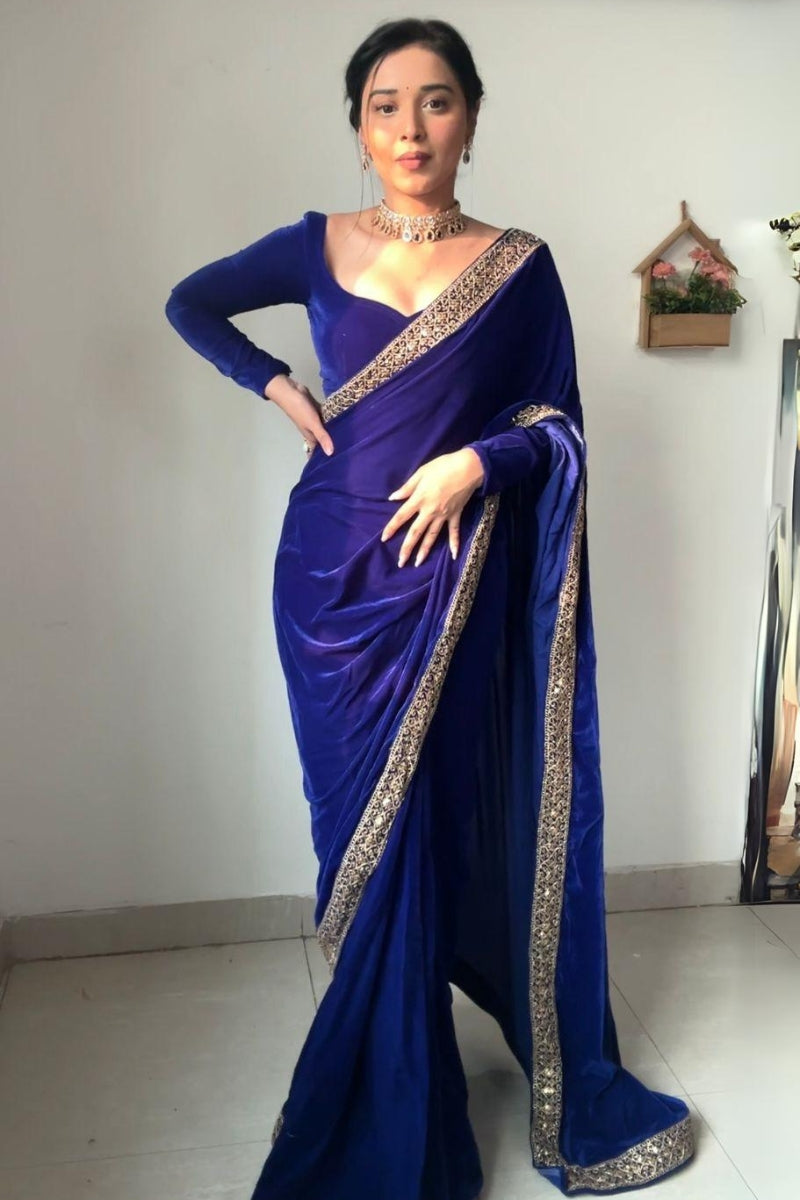 Whimsical Royal Blue 1 Minute Ready To Wear Velvet Saree With Blouse Piece - thelotusfab