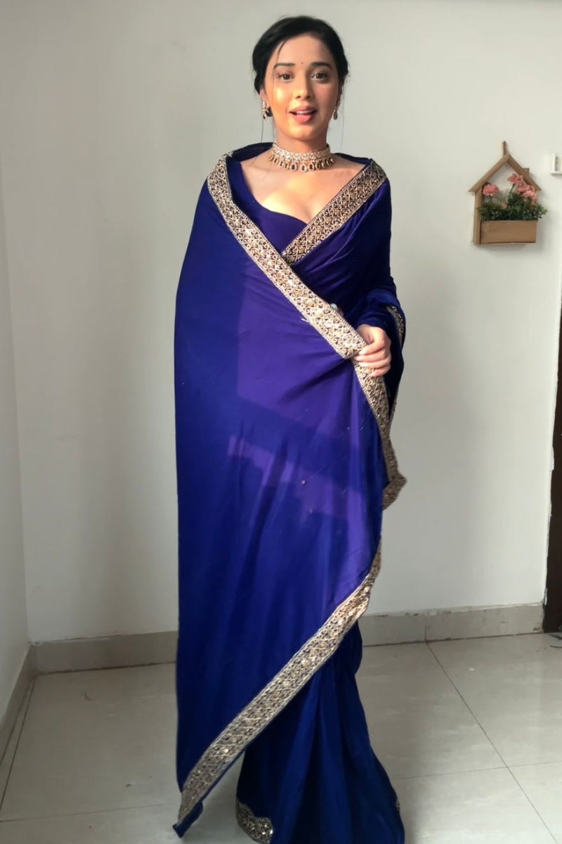 Whimsical Royal Blue 1 Minute Ready To Wear Velvet Saree With Blouse Piece - thelotusfab