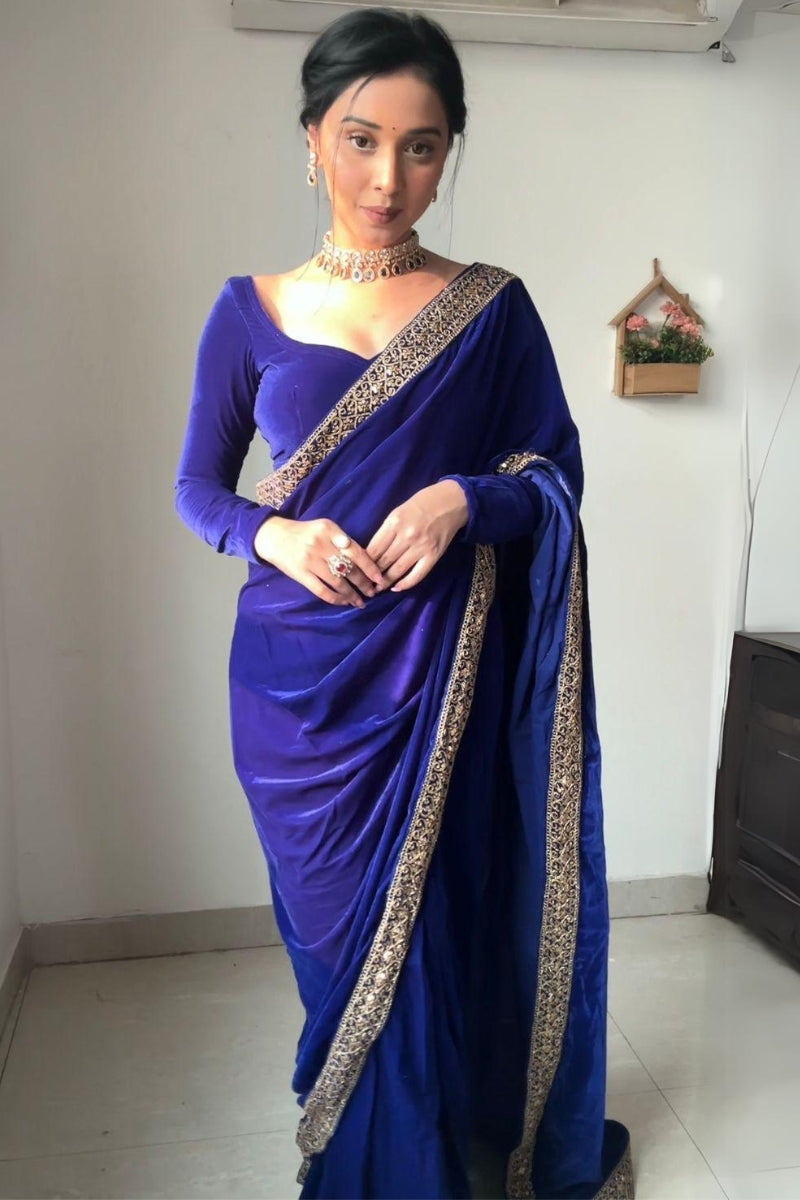 Whimsical Royal Blue 1 Minute Ready To Wear Velvet Saree With Blouse Piece - thelotusfab