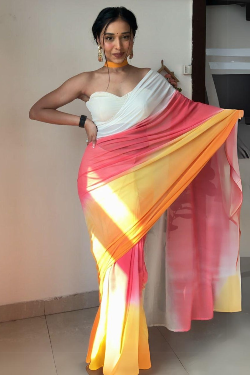 Luminous 1-Minute Ready To Wear Yellow and Pink Georgette Saree - thelotusfab