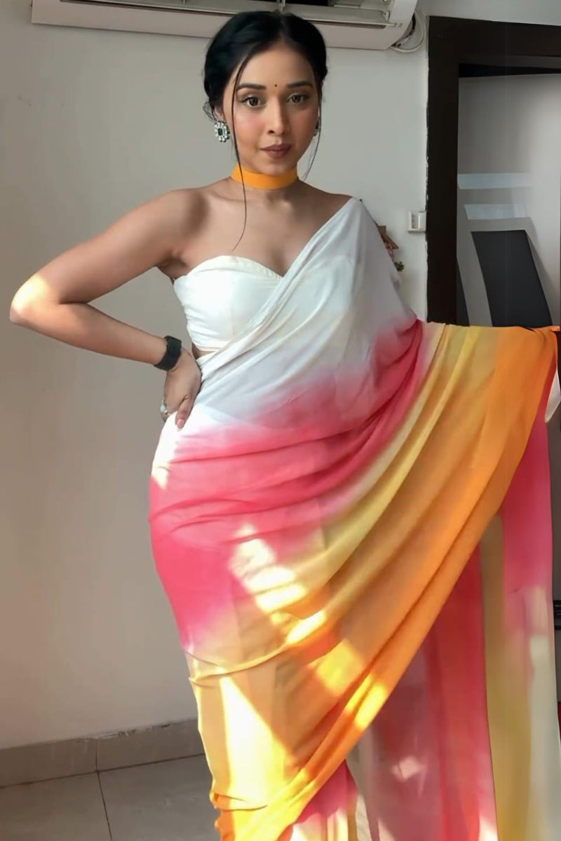 Luminous 1-Minute Ready To Wear Yellow and Pink Georgette Saree - thelotusfab