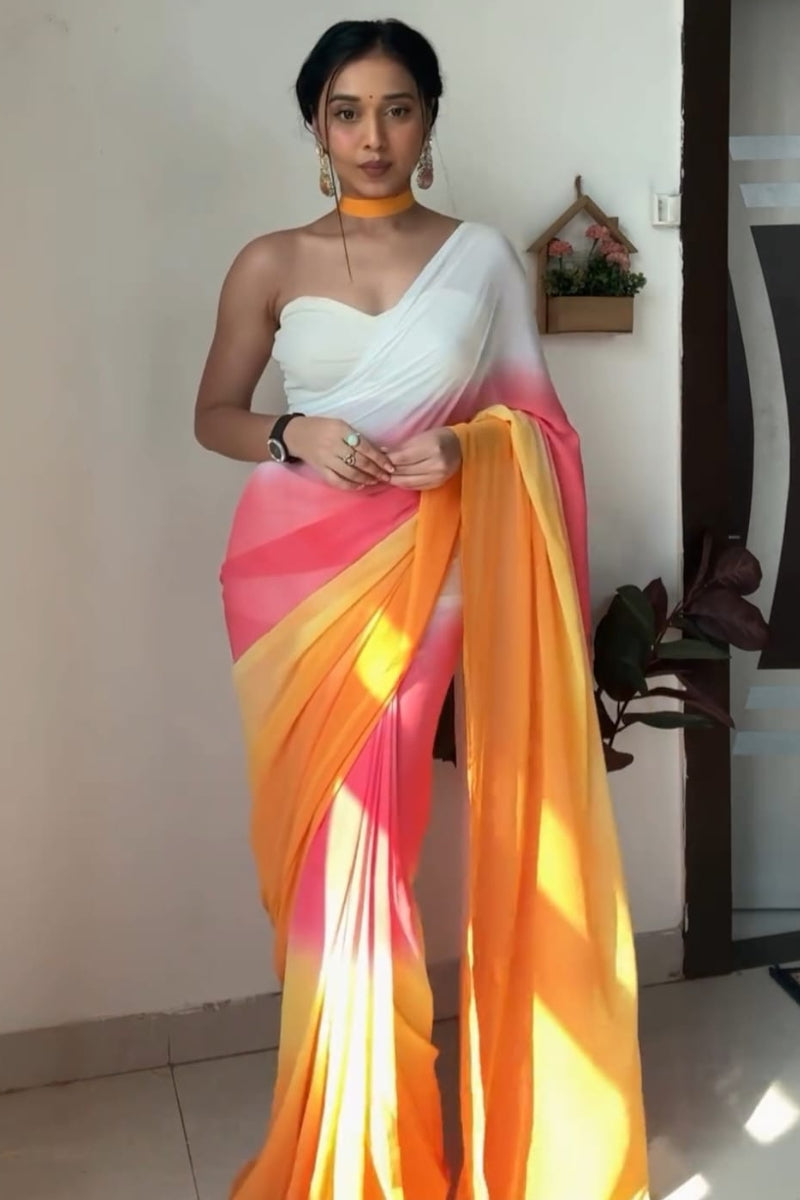 Luminous 1-Minute Ready To Wear Yellow and Pink Georgette Saree - thelotusfab