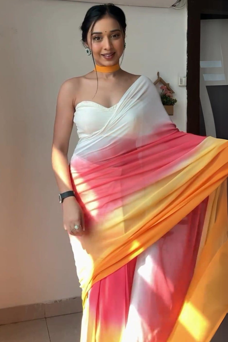 Luminous 1-Minute Ready To Wear Yellow and Pink Georgette Saree - thelotusfab