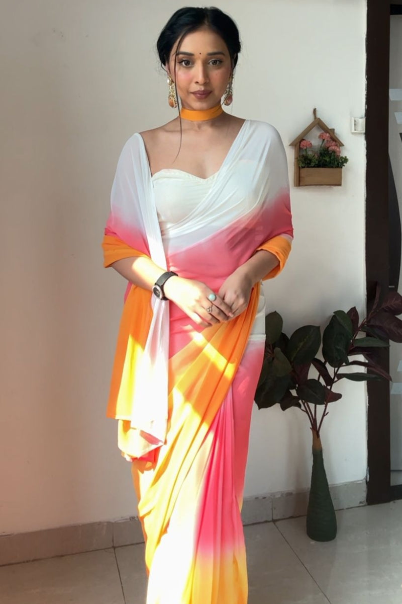 Luminous 1-Minute Ready To Wear Yellow and Pink Georgette Saree - thelotusfab