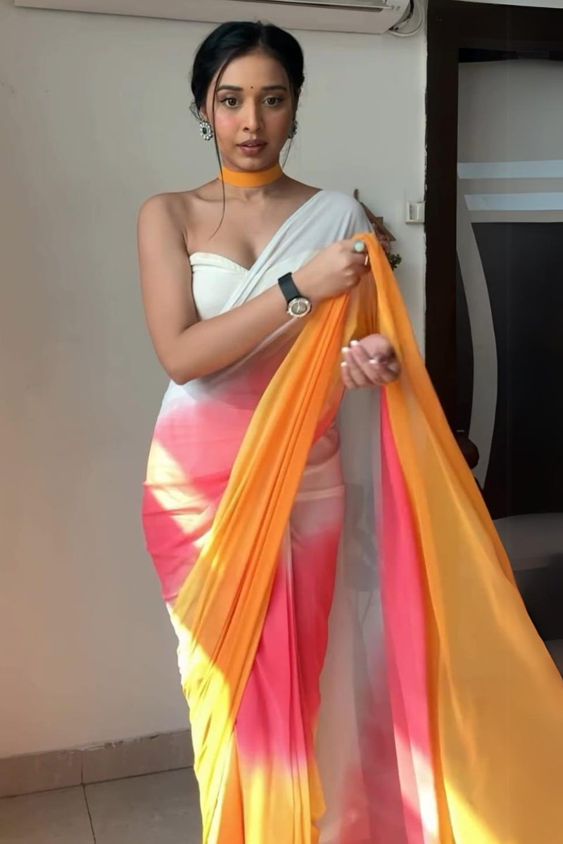 Luminous 1-Minute Ready To Wear Yellow and Pink Georgette Saree - thelotusfab