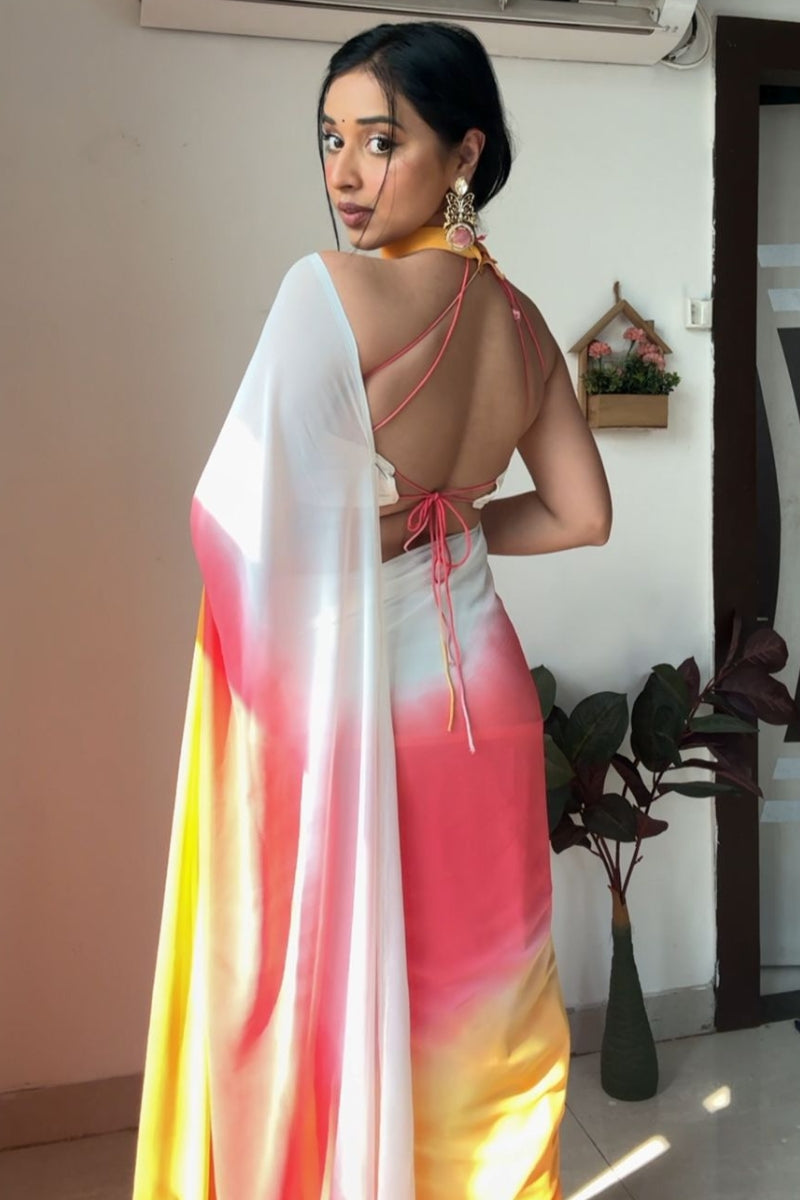 Luminous 1-Minute Ready To Wear Yellow and Pink Georgette Saree - thelotusfab