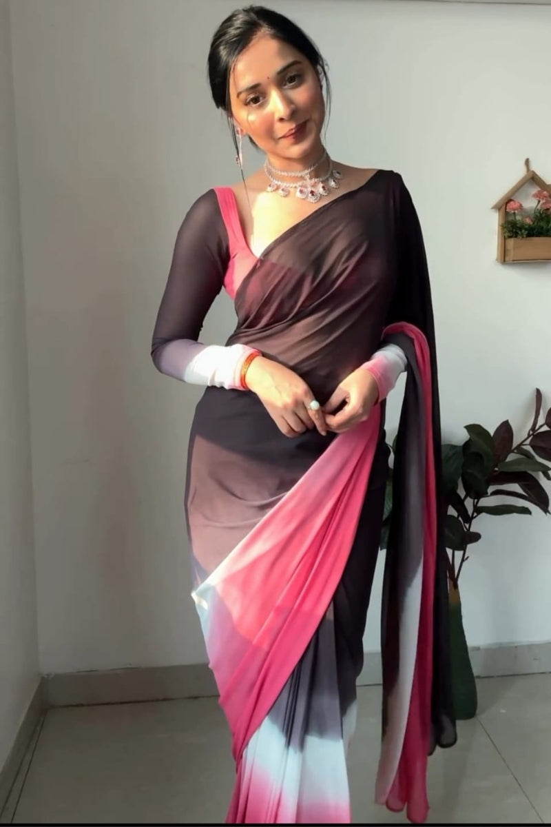 Resplendent 1-Minute Ready To Wear Black and Pink Georgette Saree - thelotusfab