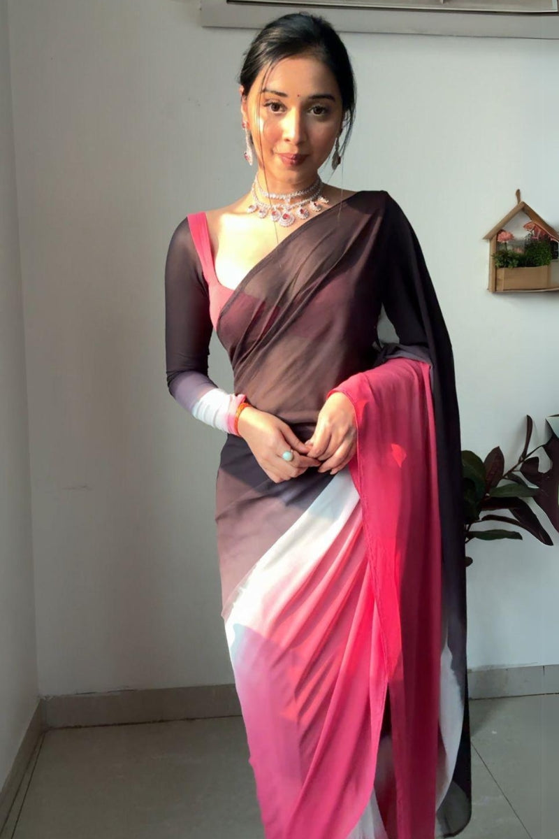 Resplendent 1-Minute Ready To Wear Black and Pink Georgette Saree - thelotusfab