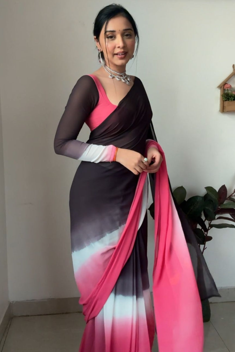 Resplendent 1-Minute Ready To Wear Black and Pink Georgette Saree - thelotusfab