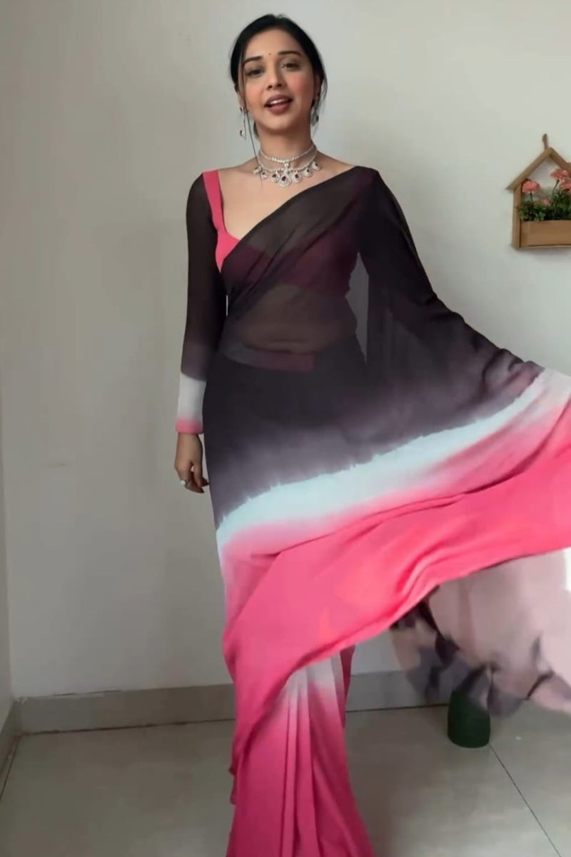 Resplendent 1-Minute Ready To Wear Black and Pink Georgette Saree - thelotusfab