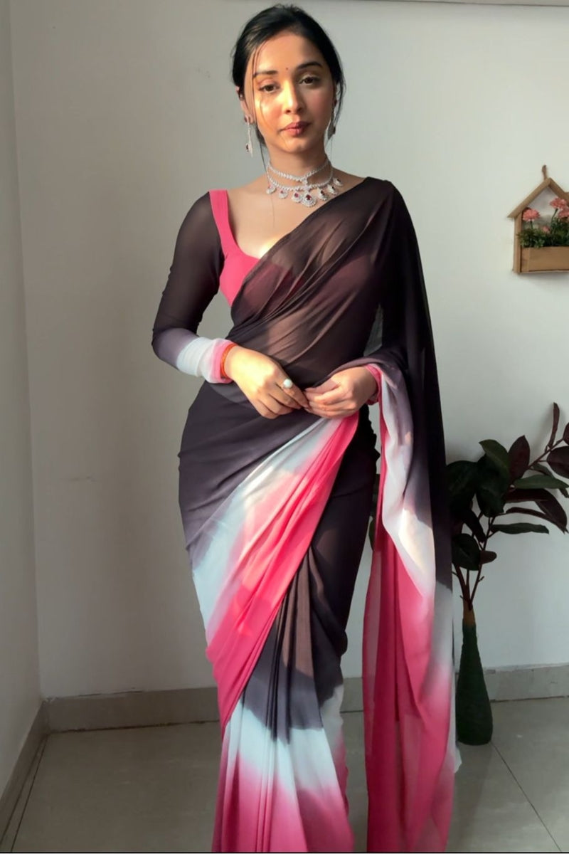 Resplendent 1-Minute Ready To Wear Black and Pink Georgette Saree - thelotusfab