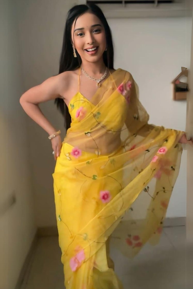 Glamorous 1-Minute Ready To Wear Yellow Organza Silk Saree - thelotusfab