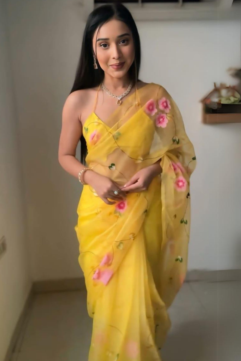 Glamorous 1-Minute Ready To Wear Yellow Organza Silk Saree - thelotusfab