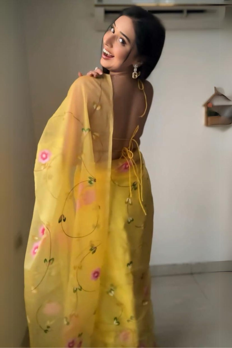 Glamorous 1-Minute Ready To Wear Yellow Organza Silk Saree - thelotusfab