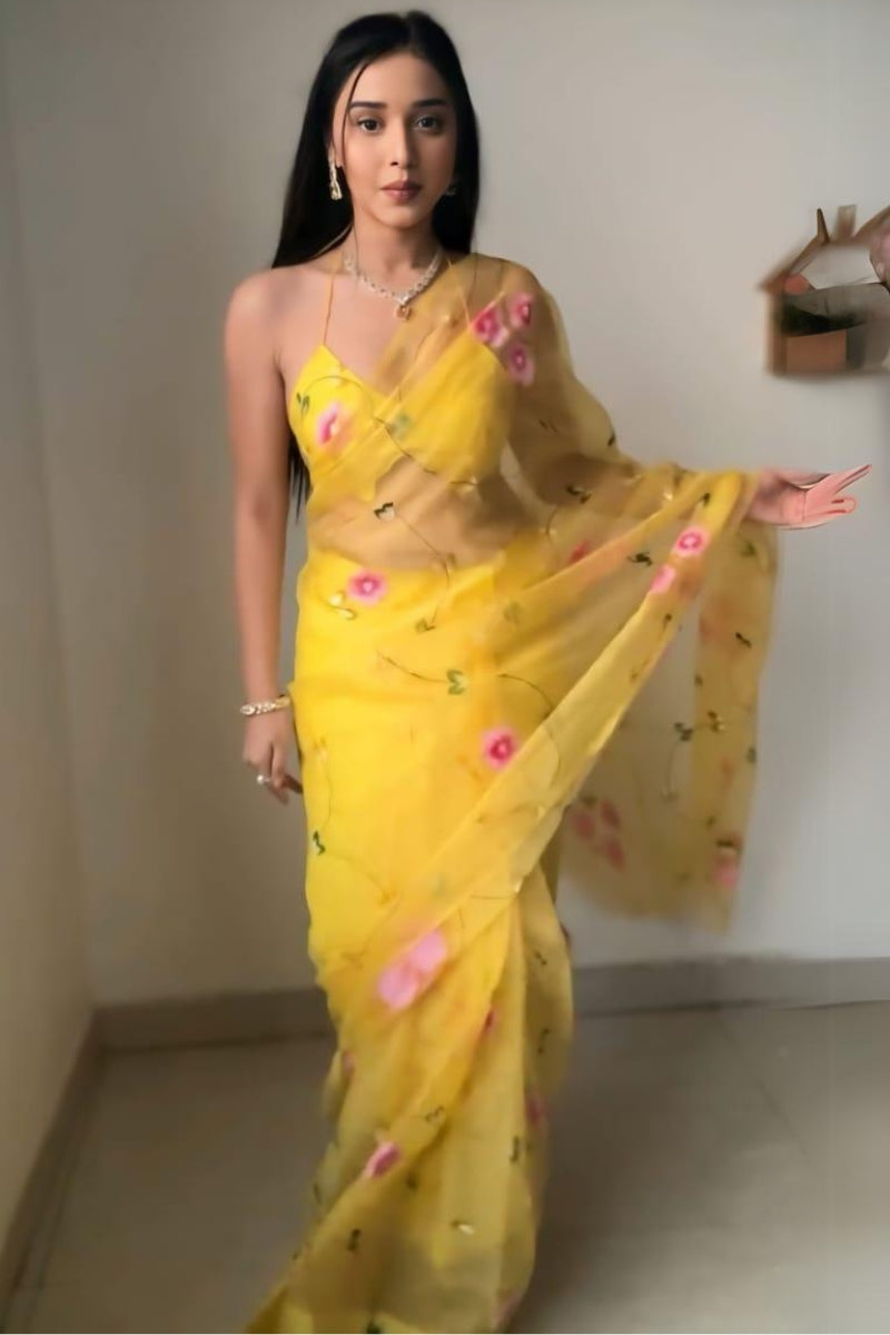 Glamorous 1-Minute Ready To Wear Yellow Organza Silk Saree - thelotusfab