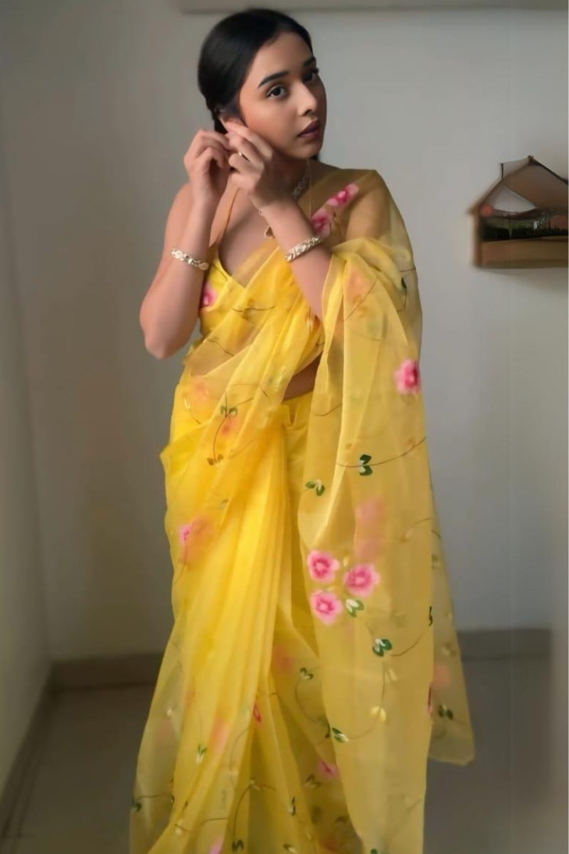 Glamorous 1-Minute Ready To Wear Yellow Organza Silk Saree - thelotusfab