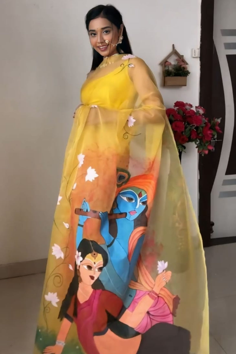 Vivacious 1-Minute Ready To Wear Yellow Organza Silk Saree - thelotusfab