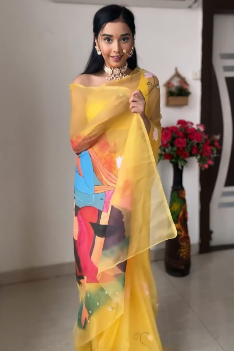 Vivacious 1-Minute Ready To Wear Yellow Organza Silk Saree - thelotusfab