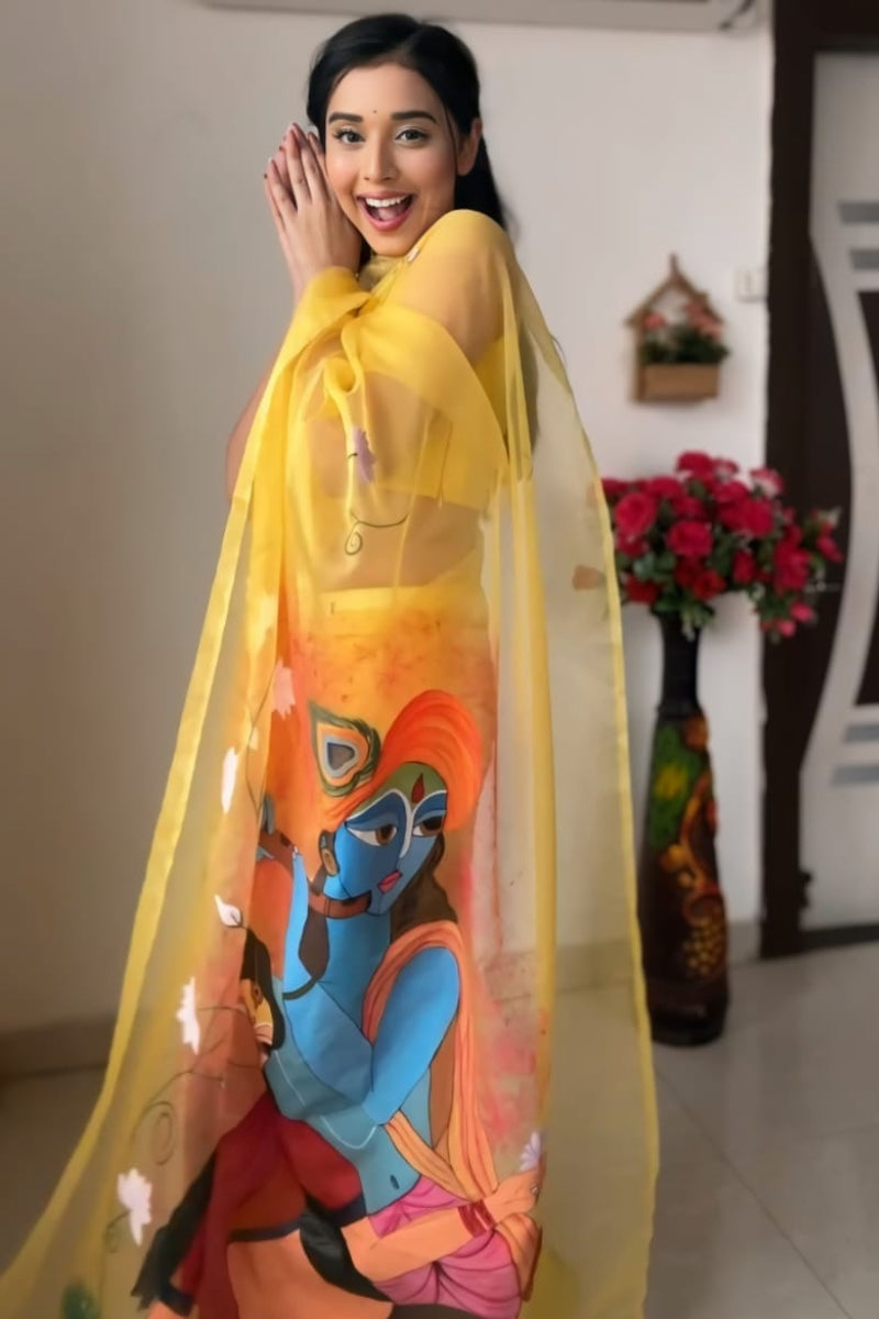 Vivacious 1-Minute Ready To Wear Yellow Organza Silk Saree - thelotusfab