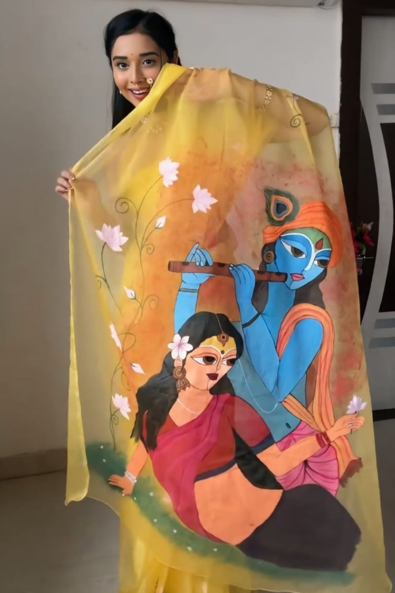 Vivacious 1-Minute Ready To Wear Yellow Organza Silk Saree - thelotusfab